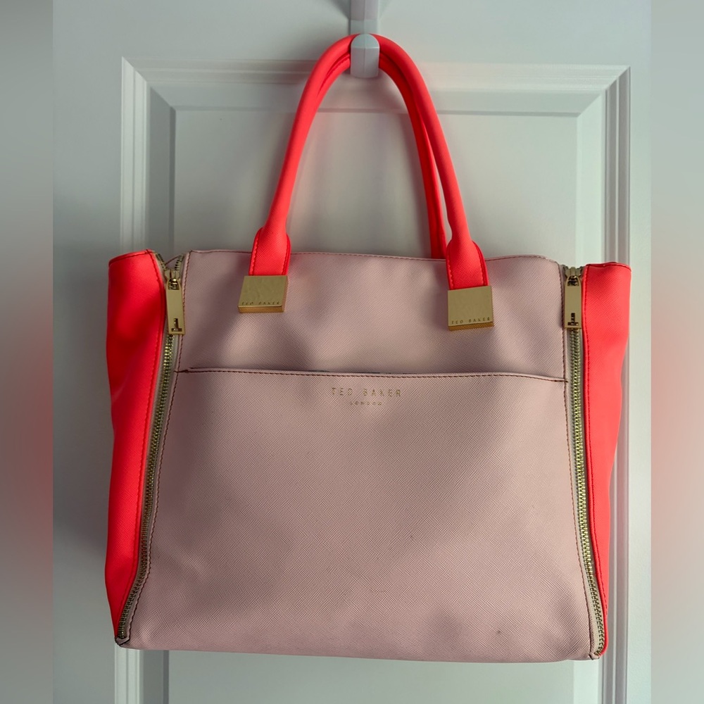 Ted Baker Pink and Neon Coral Saffiano Contrast Tote with Gold Hardware